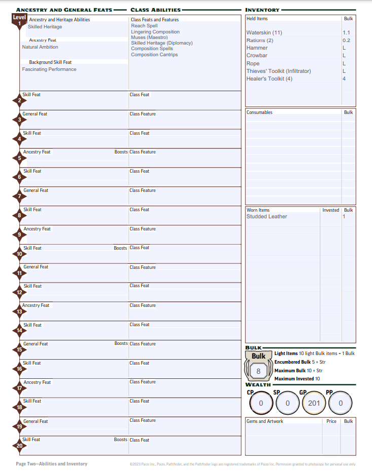 Regular character sheet – Page 2