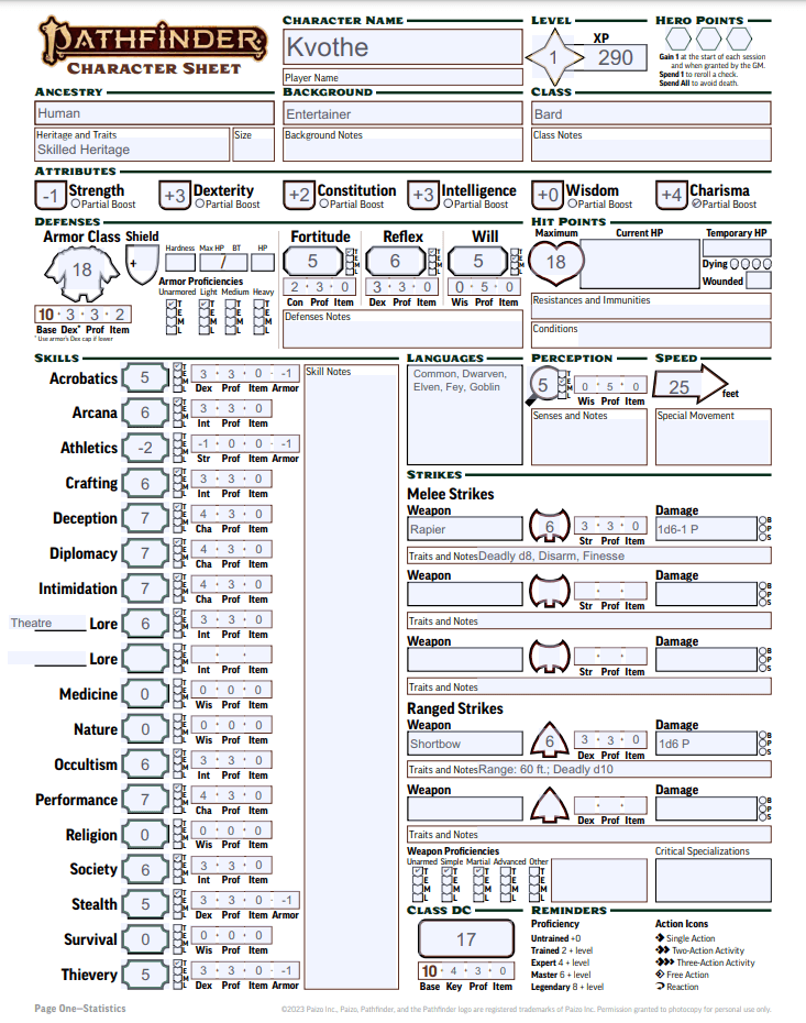 Regular character sheet – Page 1