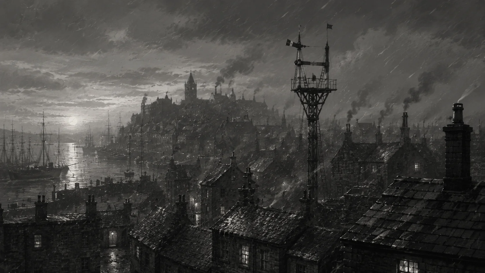 Storm-dark Ternwick rooftops and a signal tower above the harbor.